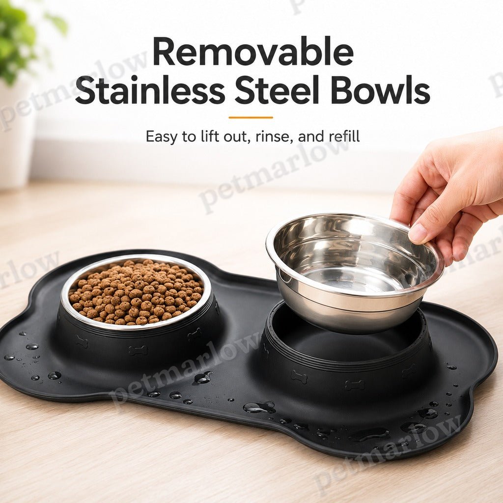 Spill-Proof Non-Slip Silicone Dual Pet Bowl (Removable Stainless Steel Bowls) – view 6