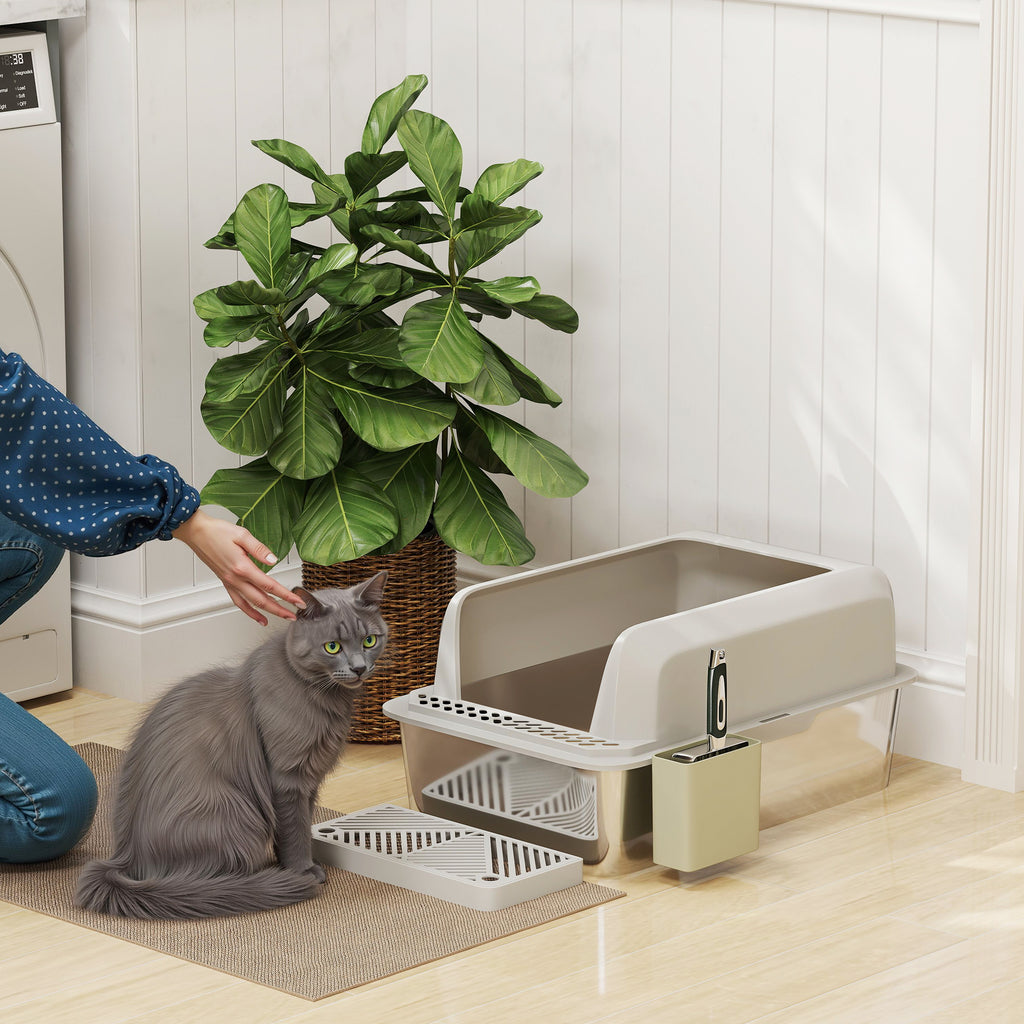 Stainless Steel Cat Litter Box with High Sides and Scoop