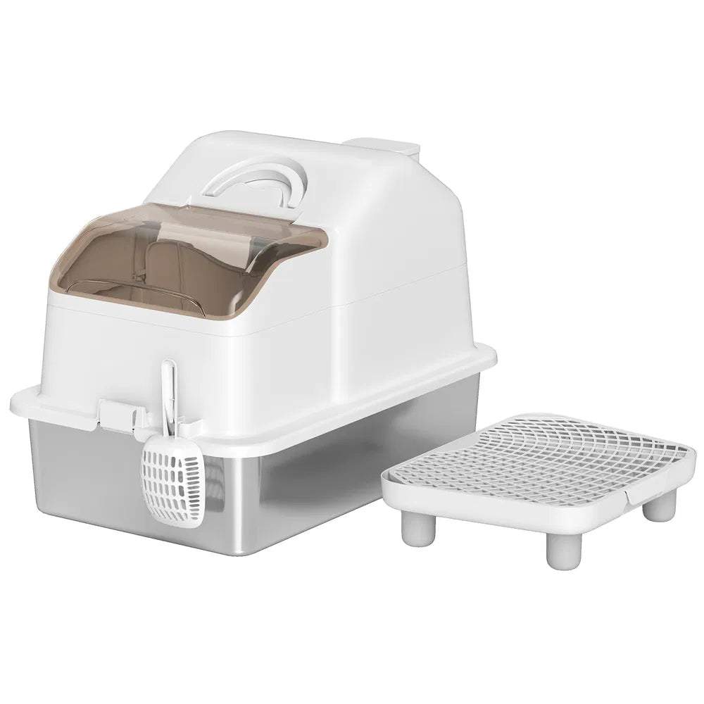 Stainless Steel Cat Litter Box with High Sides and Scoop – White