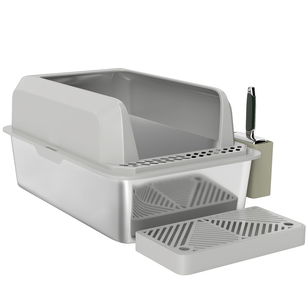 Stainless Steel Cat Litter Box with High Sides and Scoop – Light Gray / 650x210x450 mm