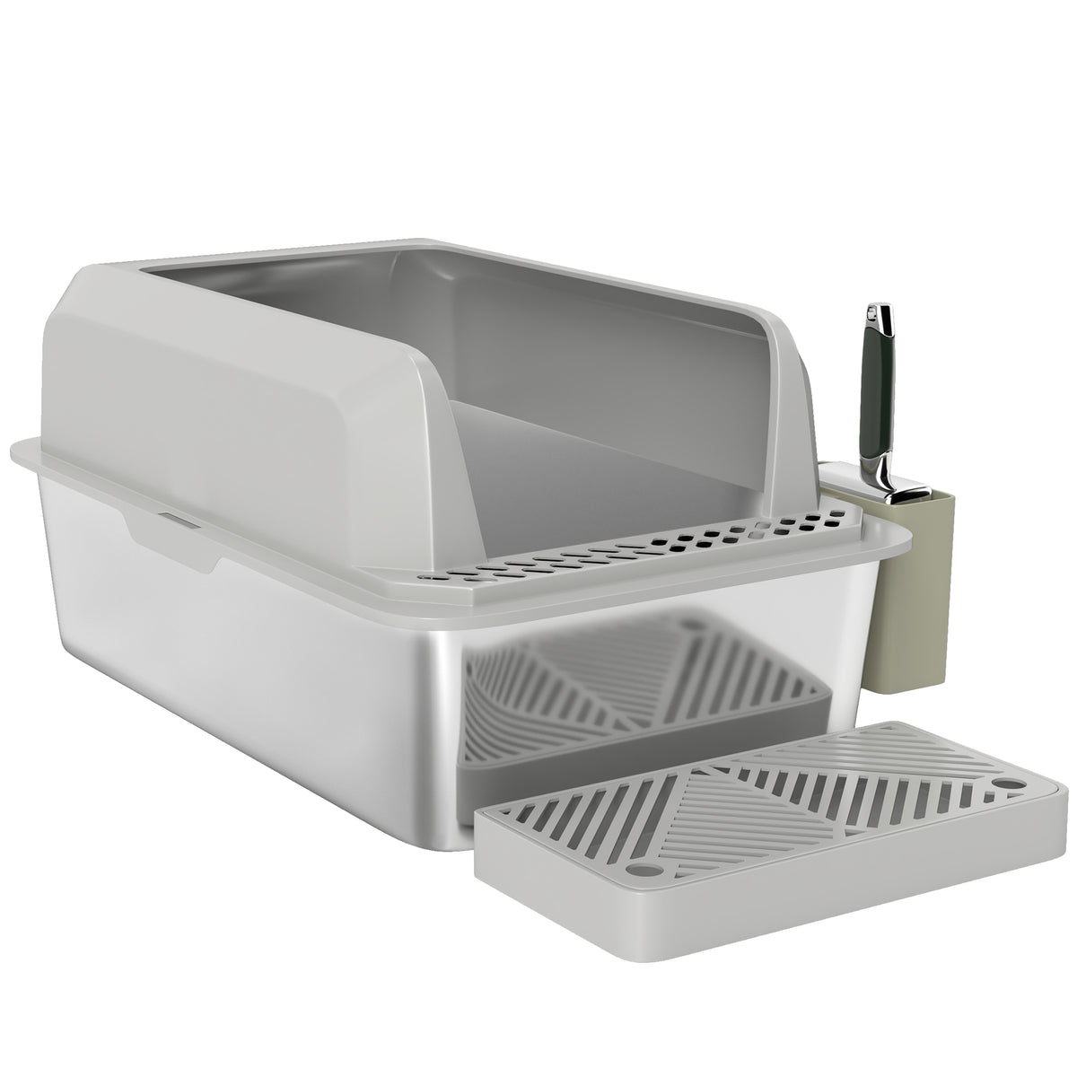 Stainless Steel Cat Litter Box with High Sides and Scoop – Light Gray / 650x210x450 mm