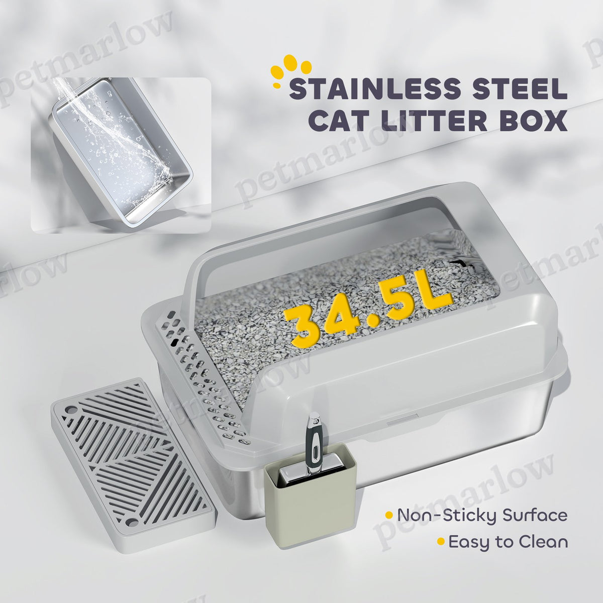 Stainless Steel Cat Litter Box with High Sides and Scoop – view 5