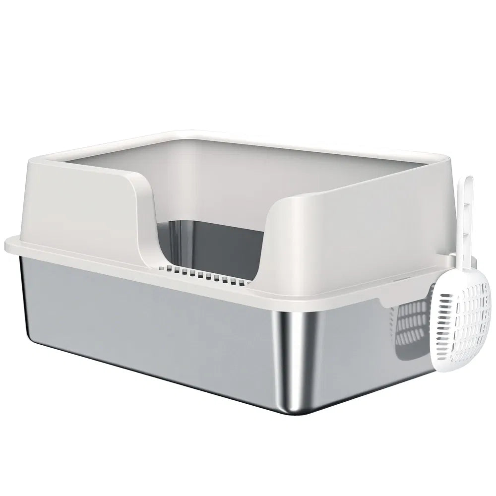 Stainless Steel Cat Litter Box with High Sides for Easy Cleaning – Light Grey