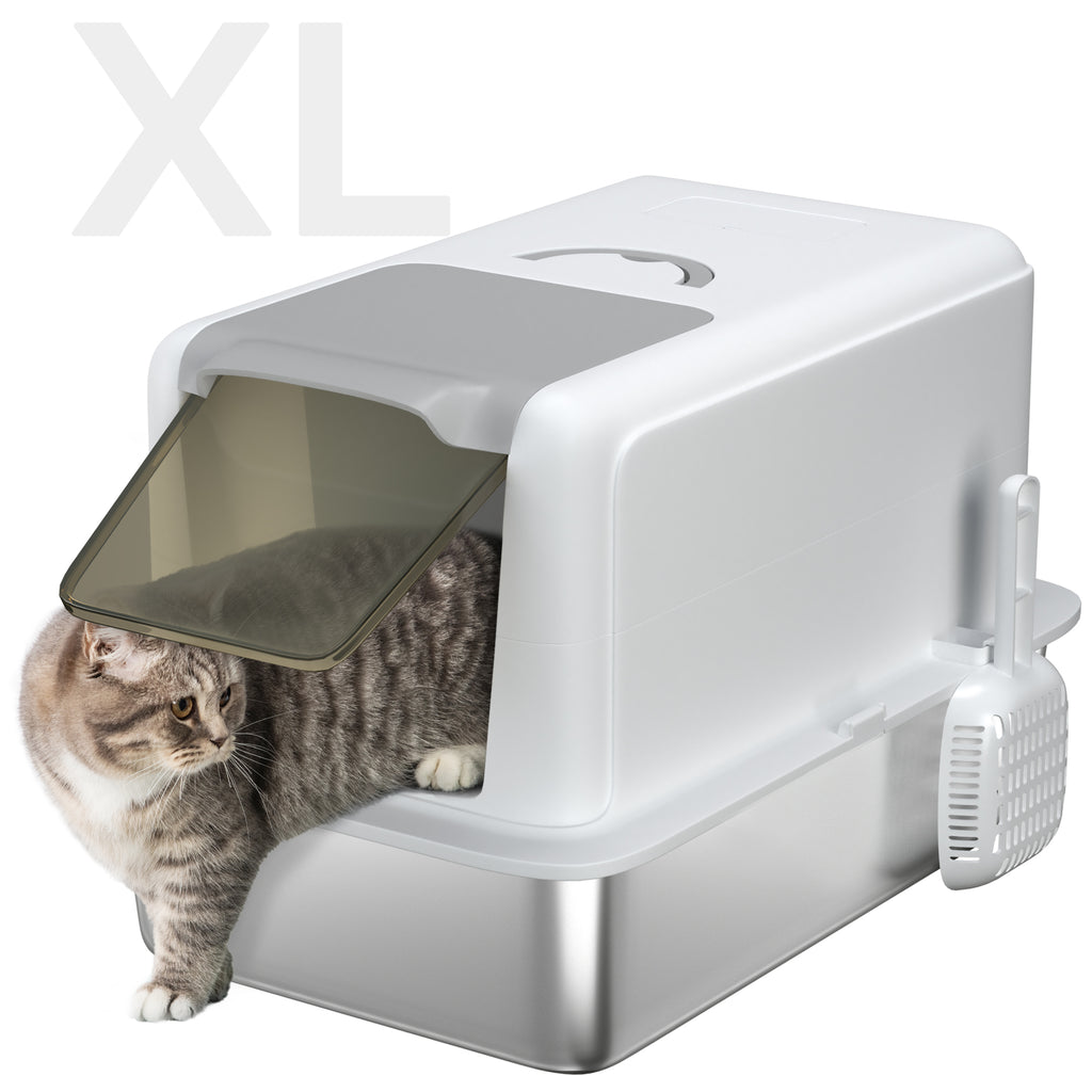 Stainless Steel Cat Litter Box with Removable Lid and Scoop – White / 430x250x640 mm