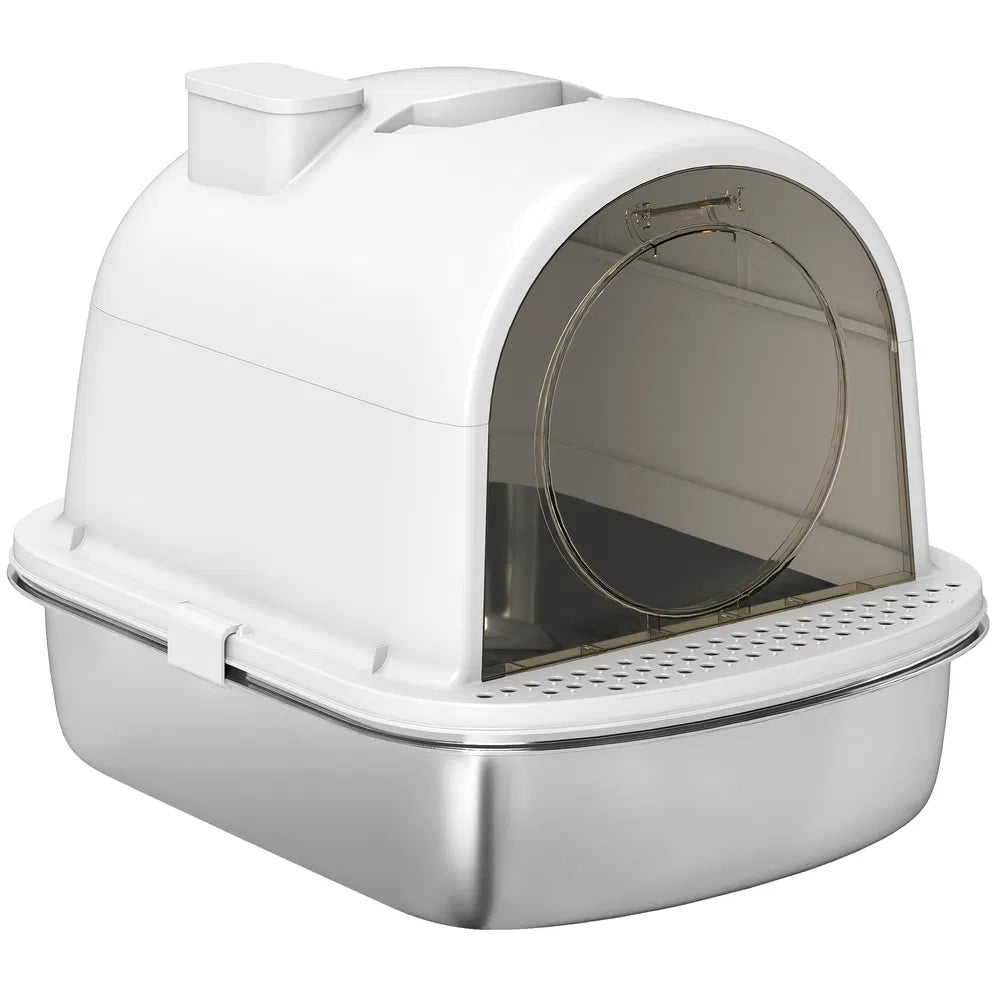 Stainless Steel Cat Litter Box with Scoop and Deodorizer – White