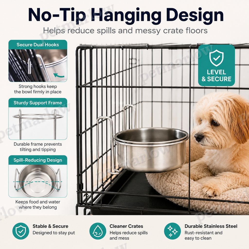 Stainless Steel No-Tip Hanging Pet Bowl (For Wire Crates) – view 3
