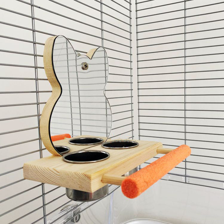 Stainless Steel Parrot Puzzle Bird Toy With Grinding Claw Stand And Mirror – Wood color