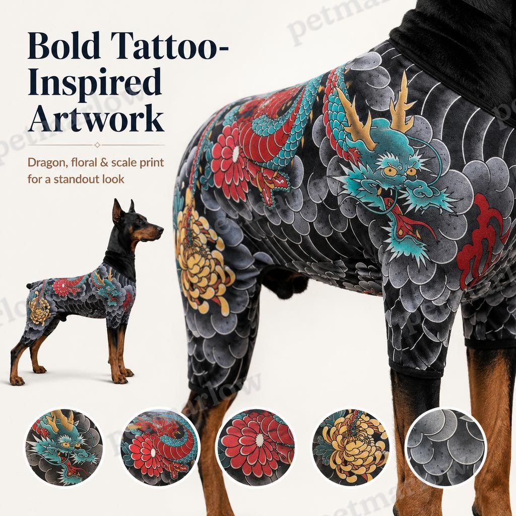 Tattoo-Print Soft Stretch Pet Bodysuit (Open Tail) – view 4