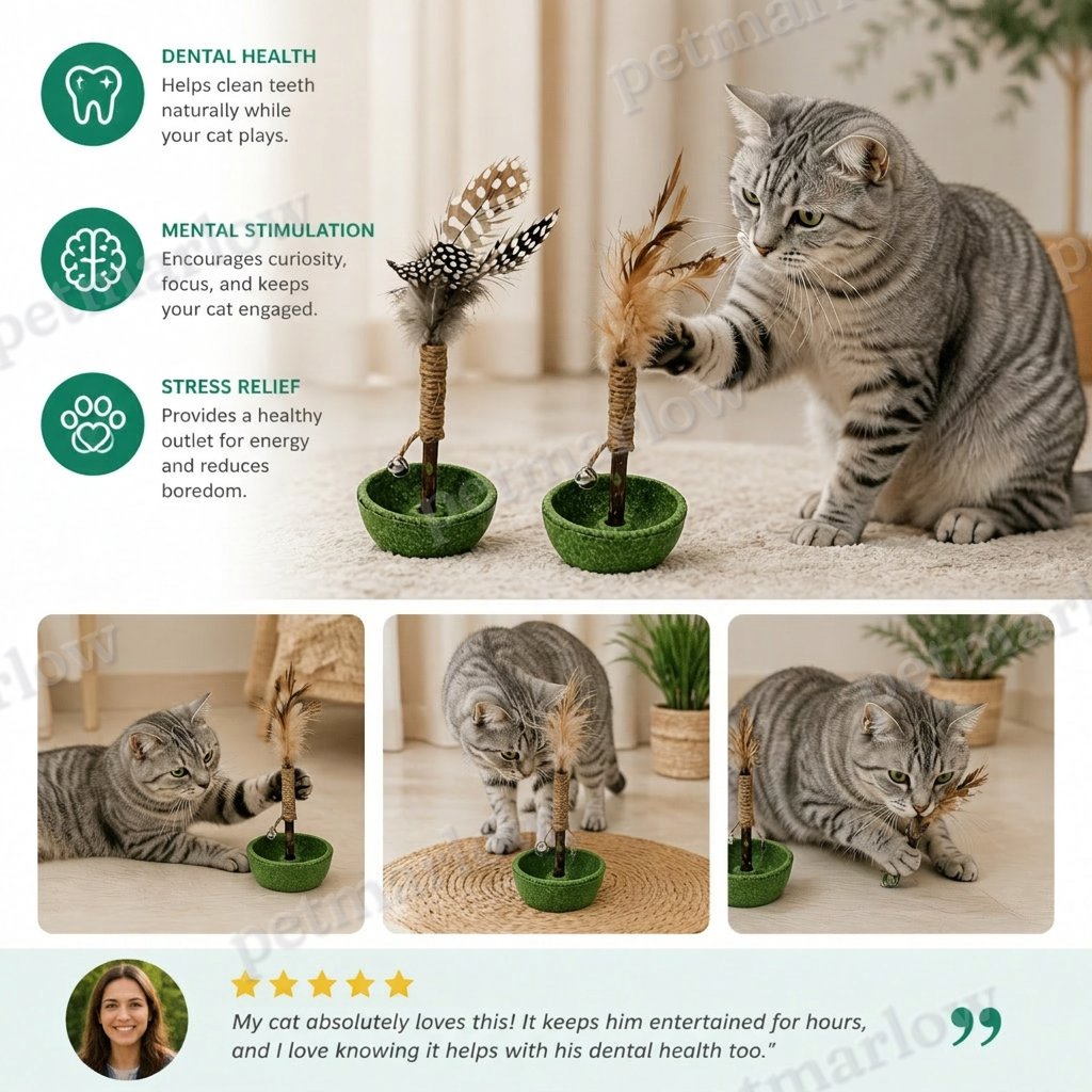Teeth Cleaning Catnip Tumbler Cat Toy – Interactive Feather Teaser with Bell – view 5