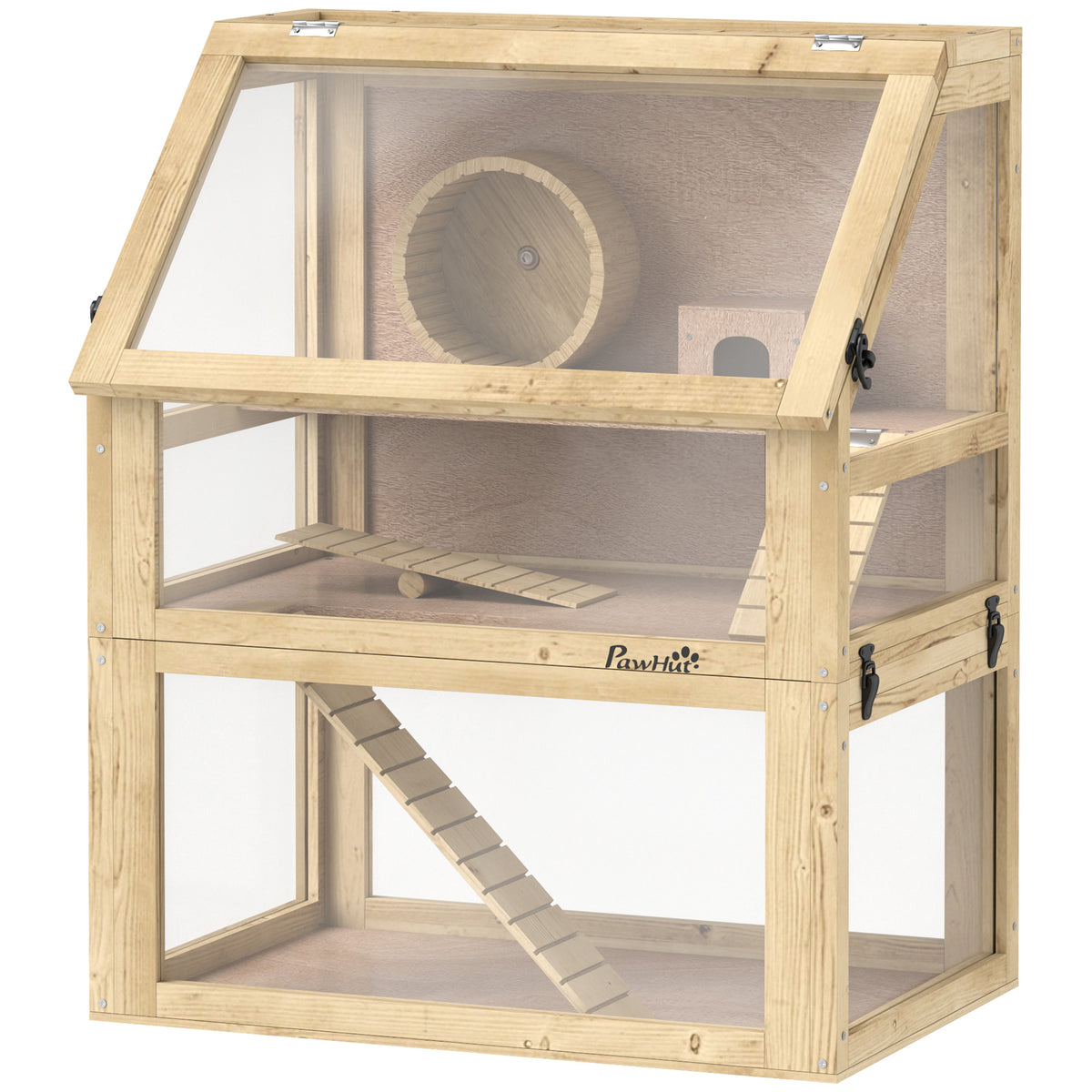 Three-Tier Wooden Hamster Cage with Accessories – Natural Wood / 900x470x220 mm