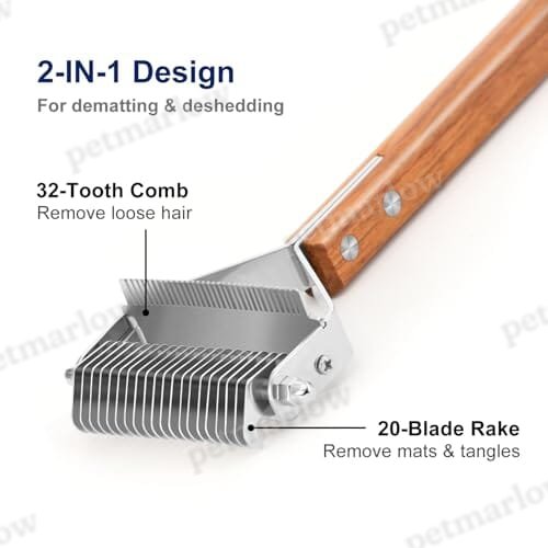 Undercoat Rake Grooming Tool with Wooden Handle for Dogs & Cats – view 2