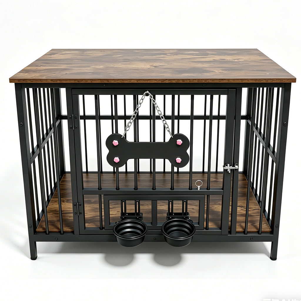 Vintage Wood Grain Dog Cage with Rotating Bowl