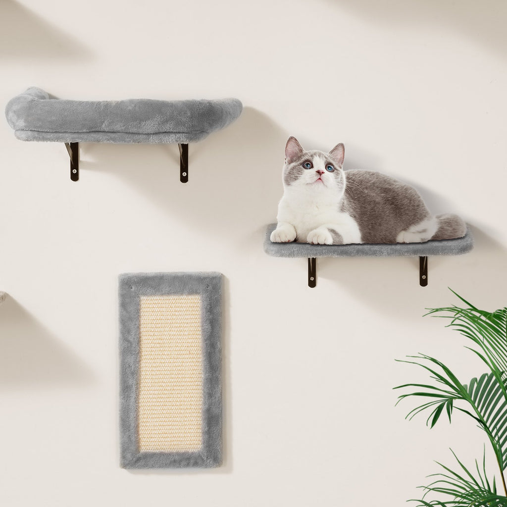 Wall Mounted Cat Shelves Tree with Hammock – Grey
