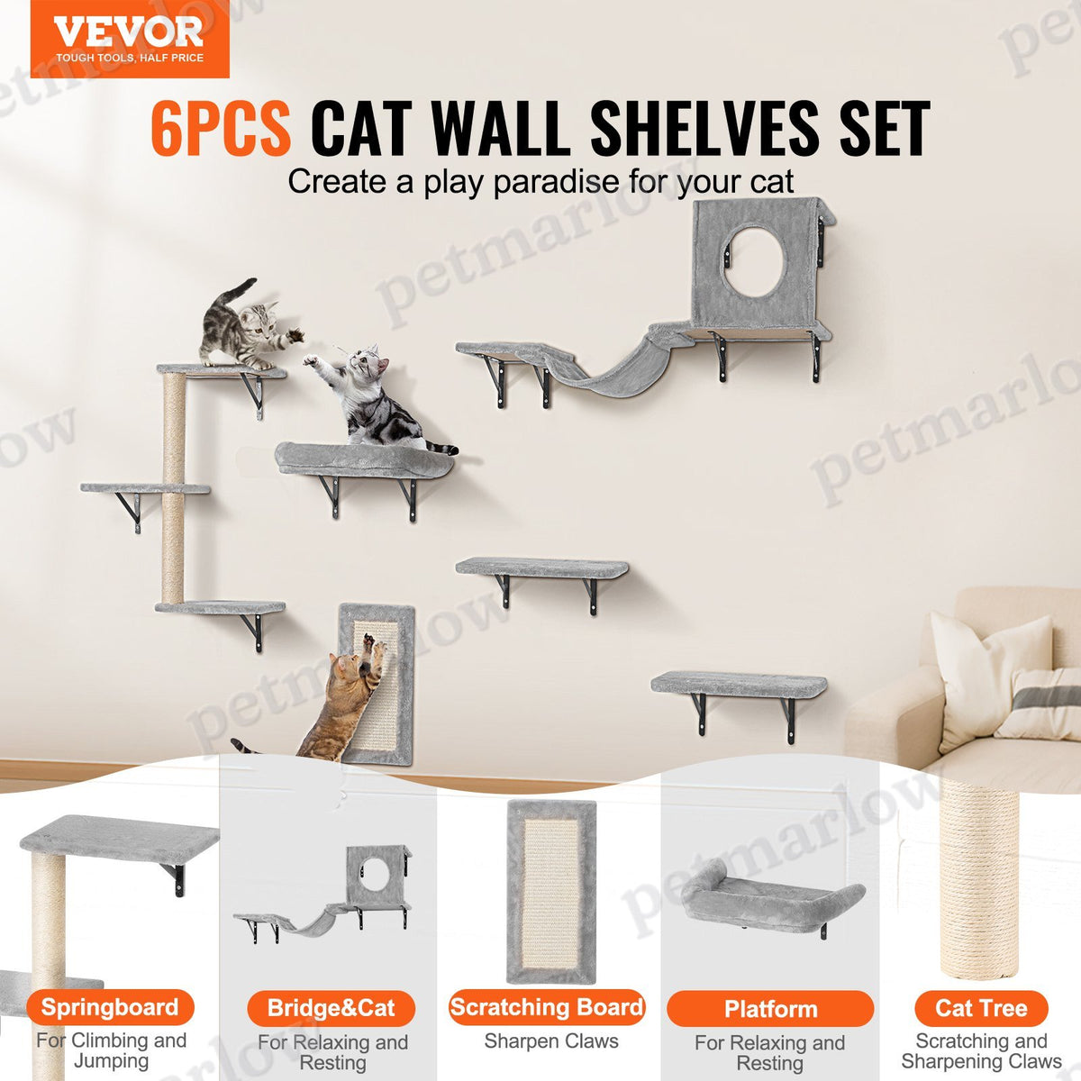 Wall Mounted Cat Shelves Tree with Hammock – view 5