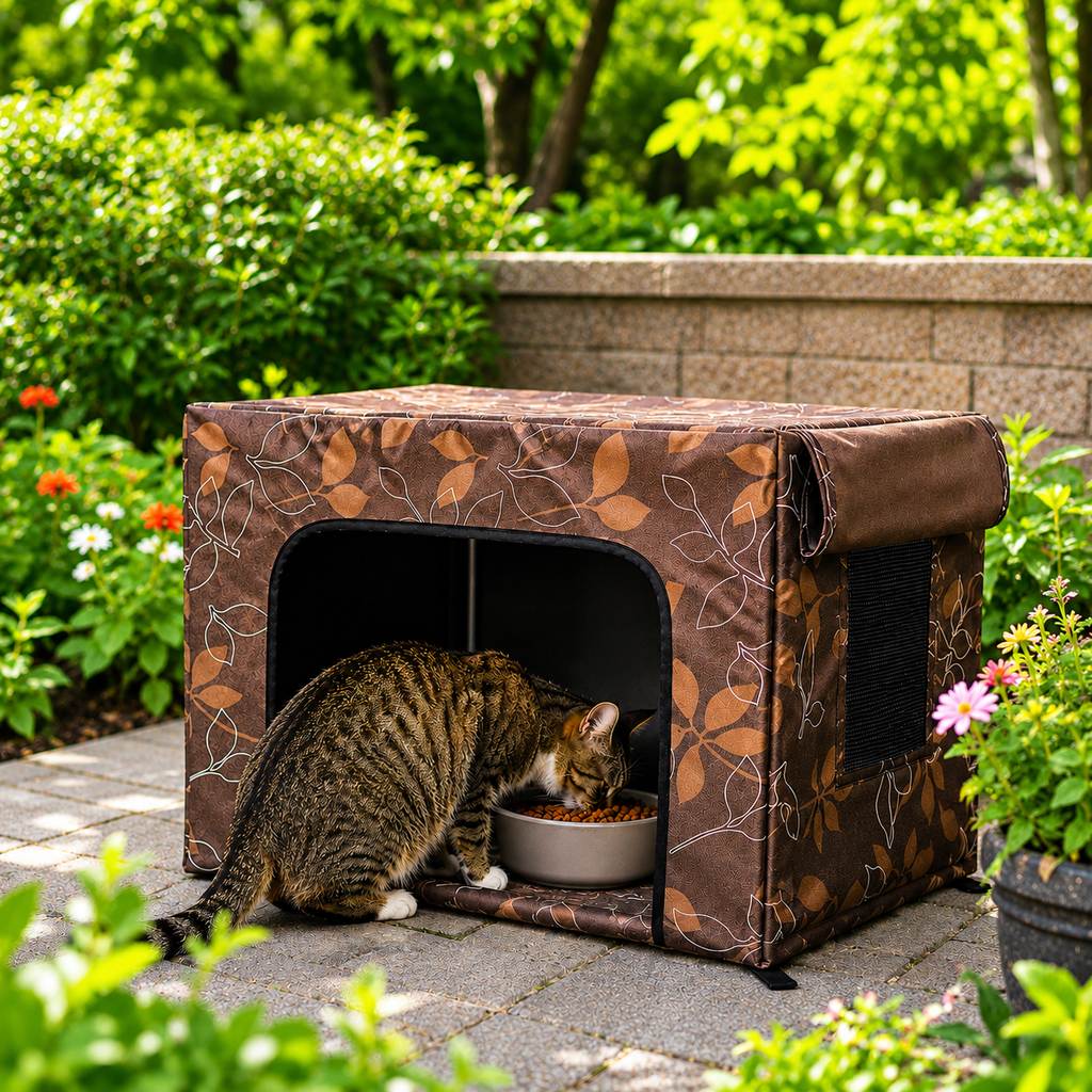 Water-Resistant Oxford PVC Frame Cat Feeding Shelter – Brown Leaf