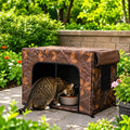 Water-Resistant Oxford PVC Frame Cat Feeding Shelter – Brown Leaf