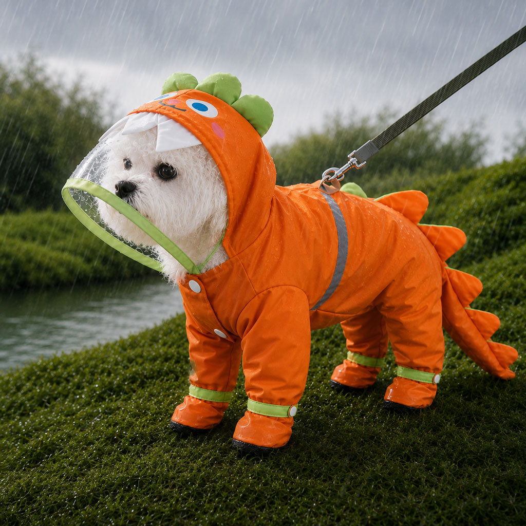 Waterproof Full-Body Dog Raincoat (Clear Visor & Leash Ring) – Orange / XS