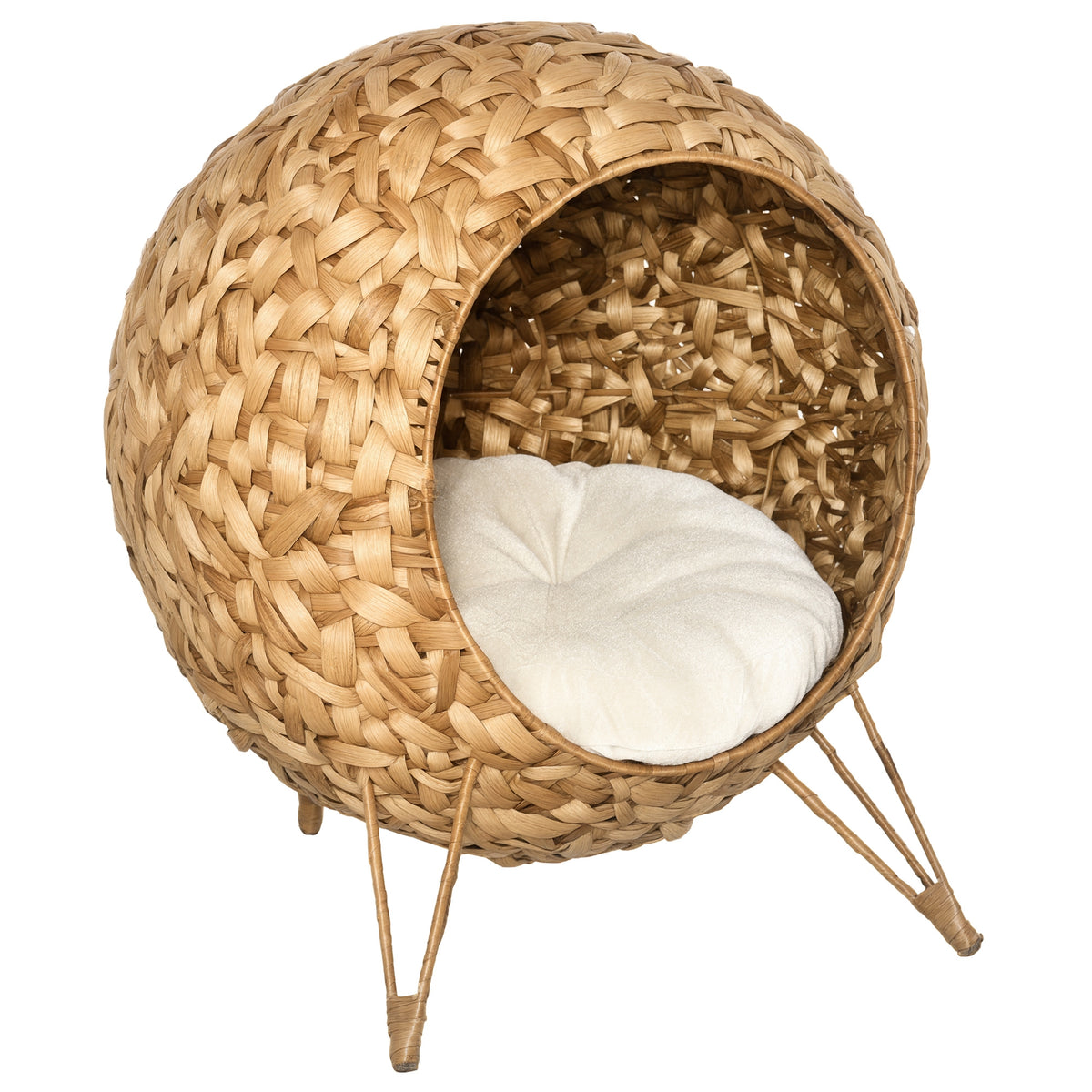 Weaved Cat Bed with Cushion for Comfort and Play – Natural Wood / 540x460x590 mm