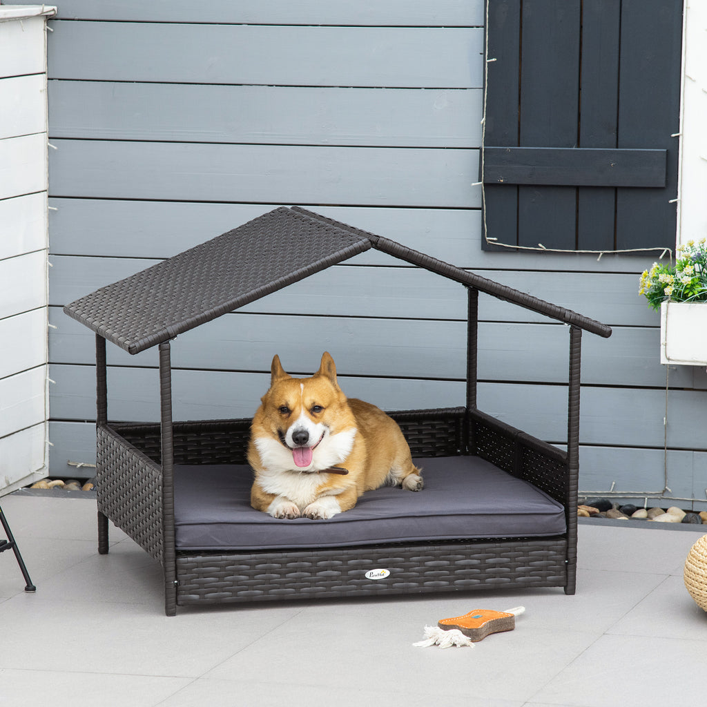 Wicker Dog House with Canopy and Cushion