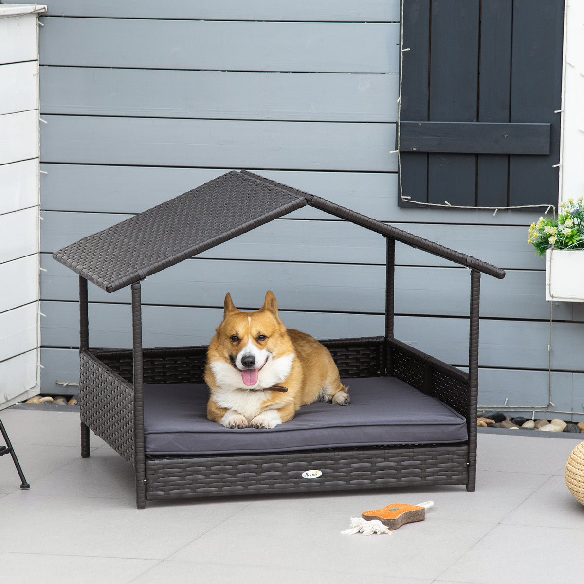 Wicker Dog House with Canopy and Cushion