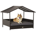 Wicker Dog House with Canopy and Cushion – Grey / 830x175x690 mm