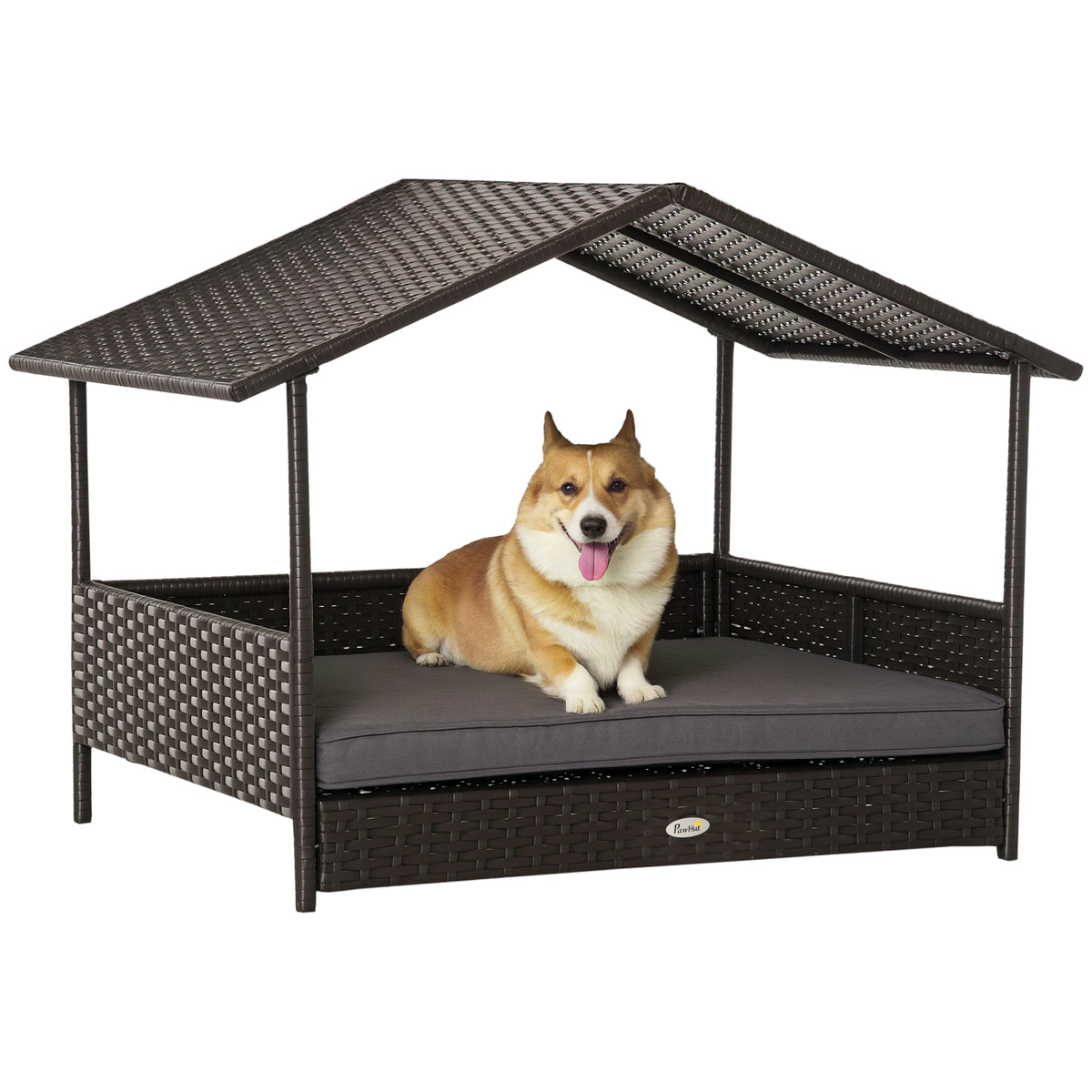 Wicker Dog House with Canopy and Cushion – Grey / 830x175x690 mm