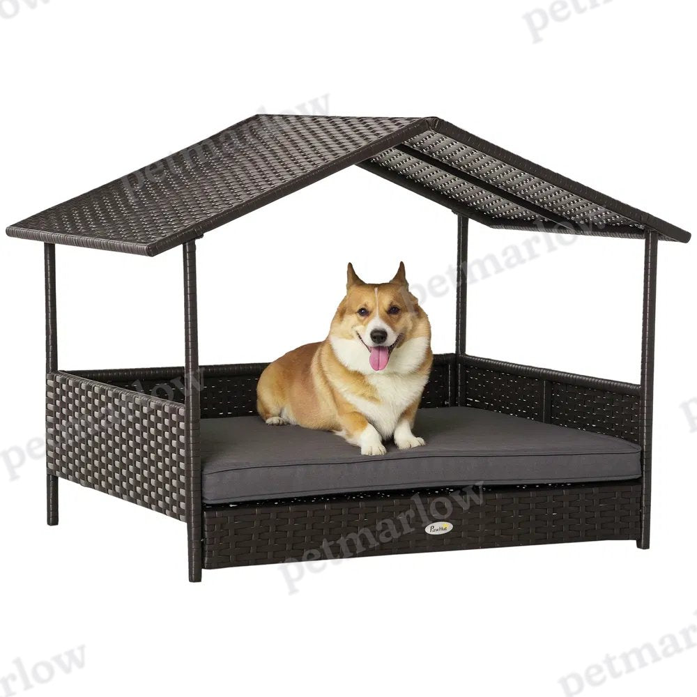 Wicker Pet House Dog Bed with Cushion – Grey