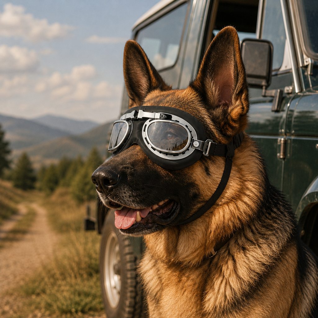 Wind & Dust-Resistant Adjustable Dual-Strap Dog Goggles (Retro Aviator) – Classic Black / Silver / Clear