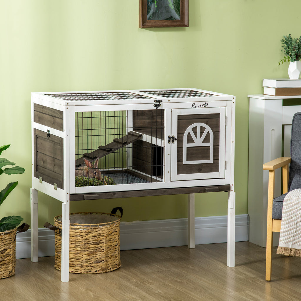 Wood Rabbit Hutch with Elevated Run for Small Animals