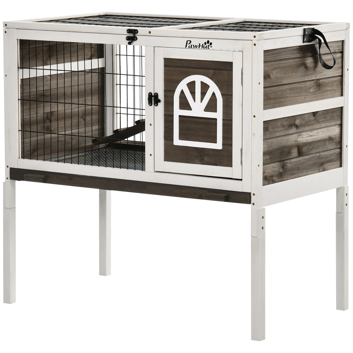 Wood Rabbit Hutch with Elevated Run for Small Animals – Coffee / 965x580x180 mm