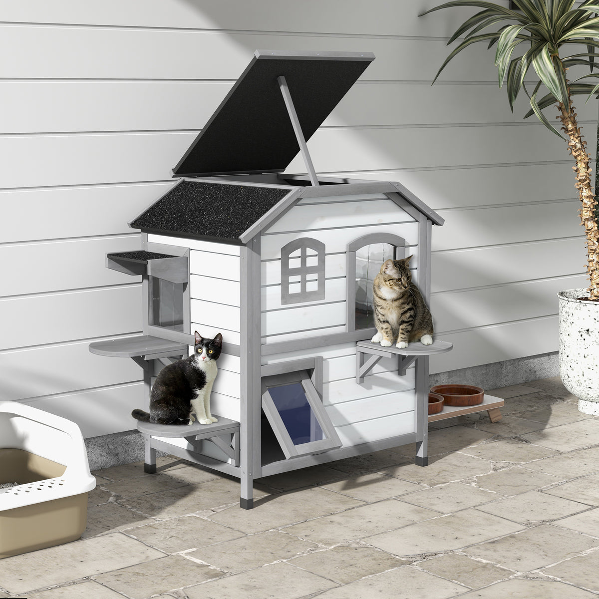 Wooden 2-Story Outdoor Cat House With Multiple Entrances