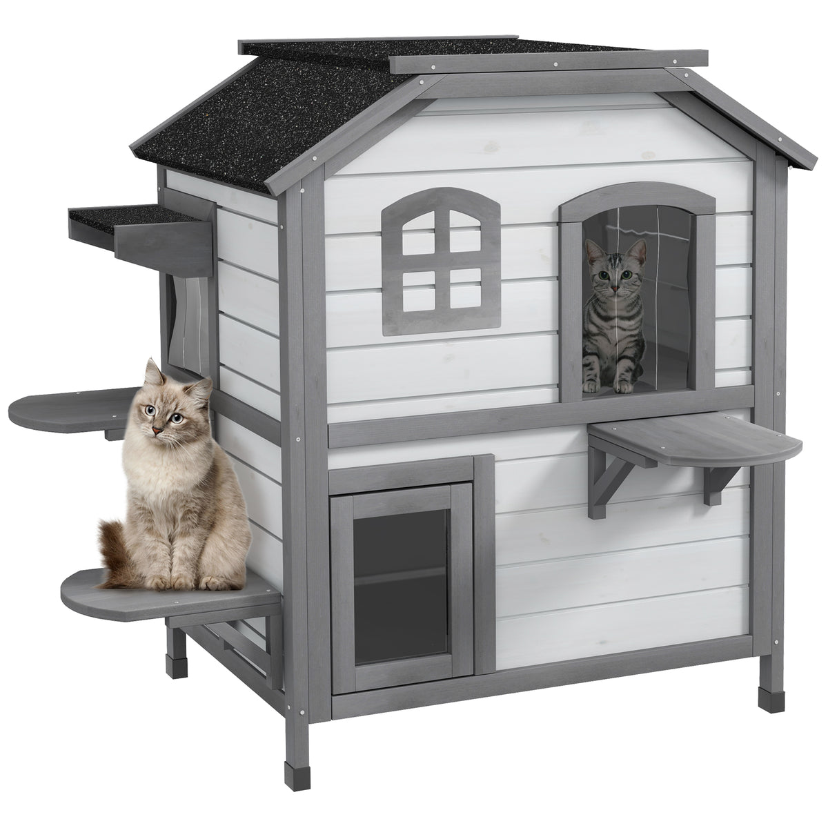 Wooden 2-Story Outdoor Cat House With Multiple Entrances – White / 890x740x157 mm