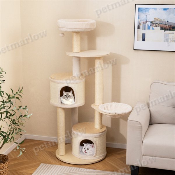 Wooden Cat Tree With Scratching Posts and Condos – view 6