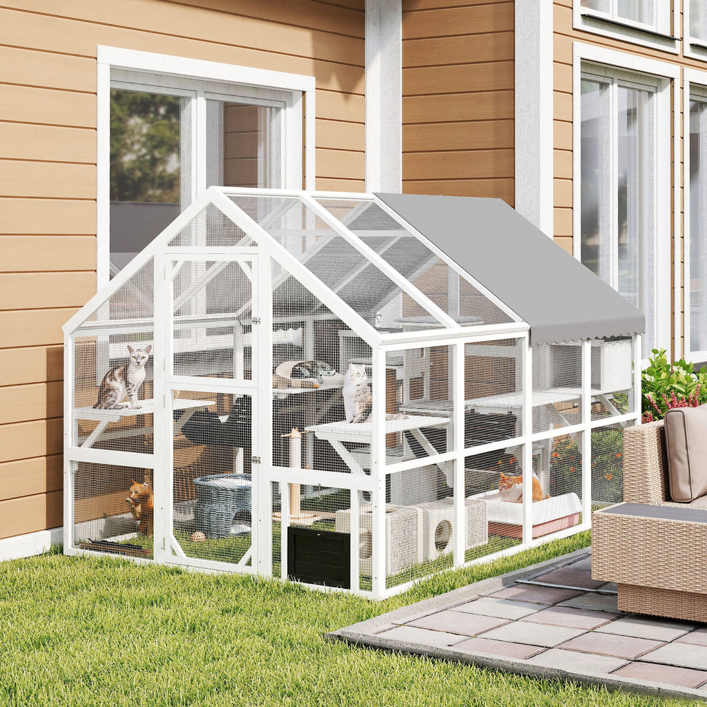 Wooden Catio Outdoor Cat Enclosure for Cats with Waterproof Cover