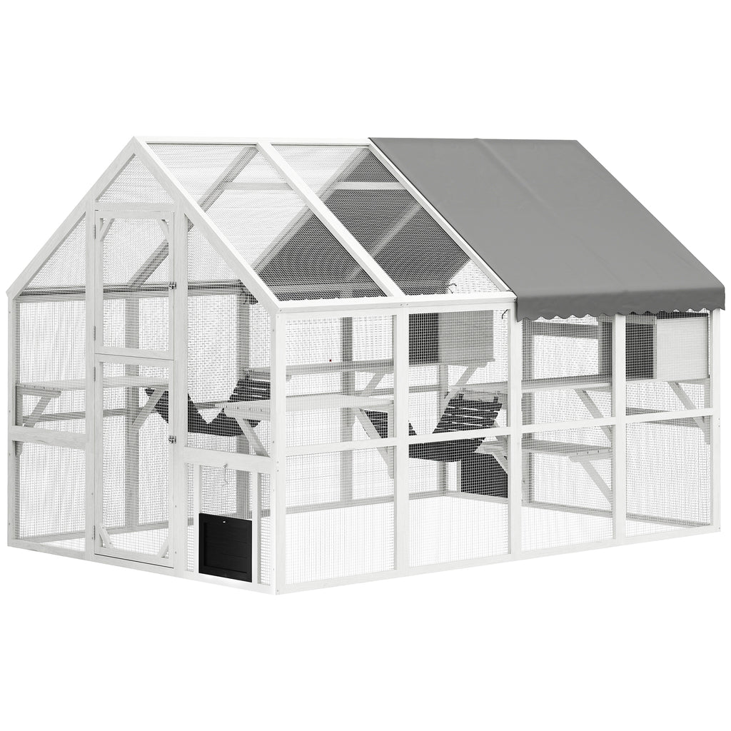 Wooden Catio Outdoor Cat Enclosure for Cats with Waterproof Cover – White / 1240x740x230 mm