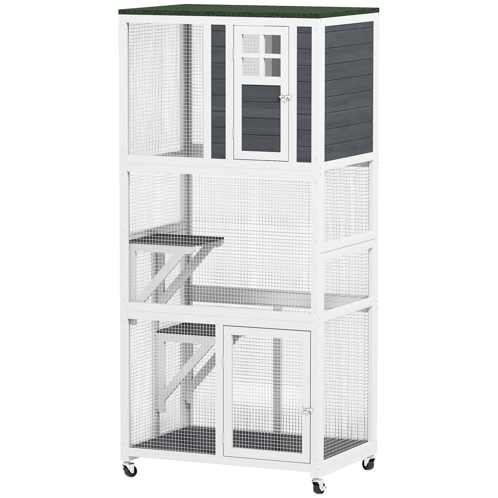 Wooden Catio Outdoor Cat Enclosure with Weather Protection – Dark Gray / 1010x685x305 mm