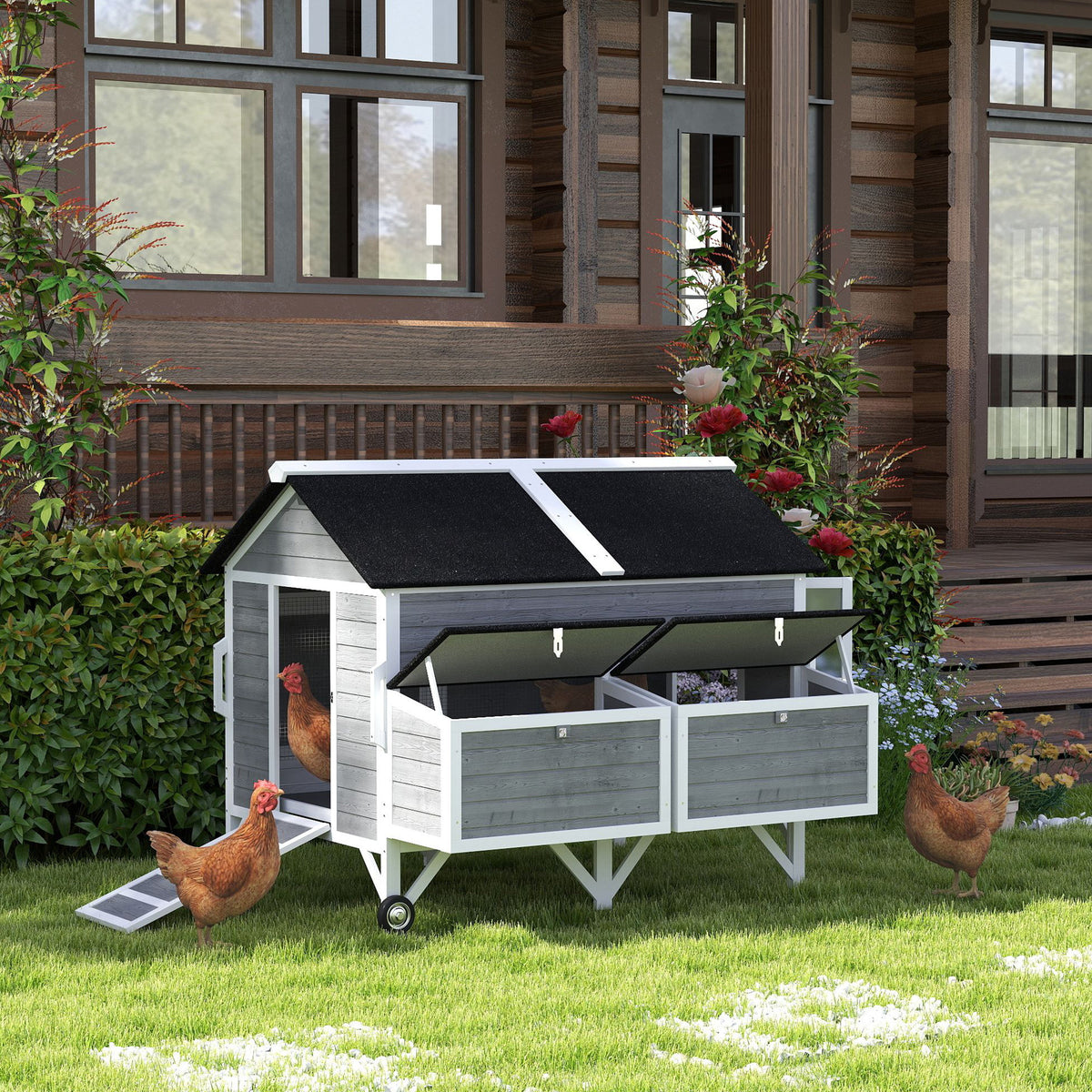 Wooden Chicken Coop with Wheels and Nesting Boxes