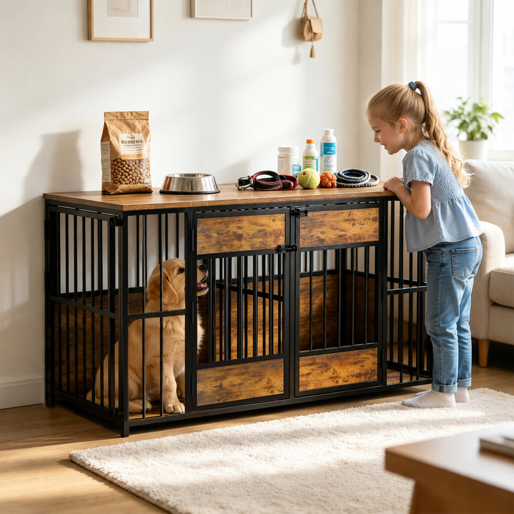 Wooden Dog Crate Furniture with Storage Top for Indoor Use