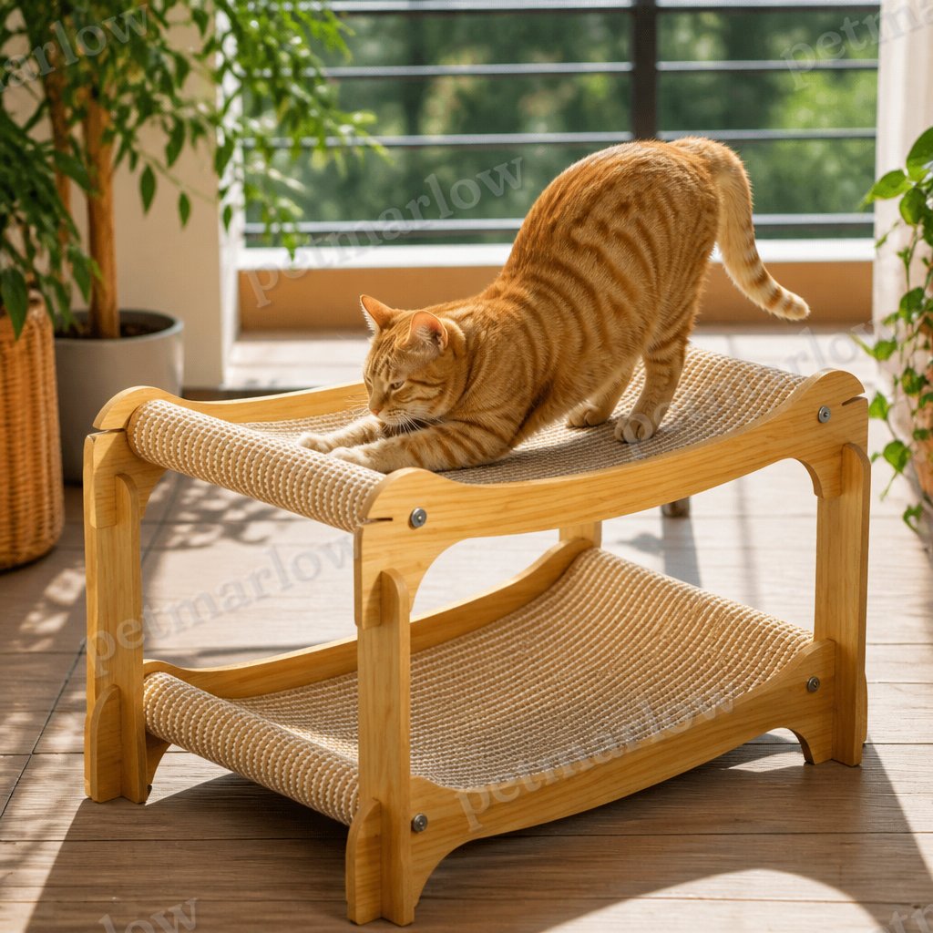 Wooden Double-Decker Cat Play & Lounge Bed with Sisal Scratching Ramp and Hanging Toys – view 2