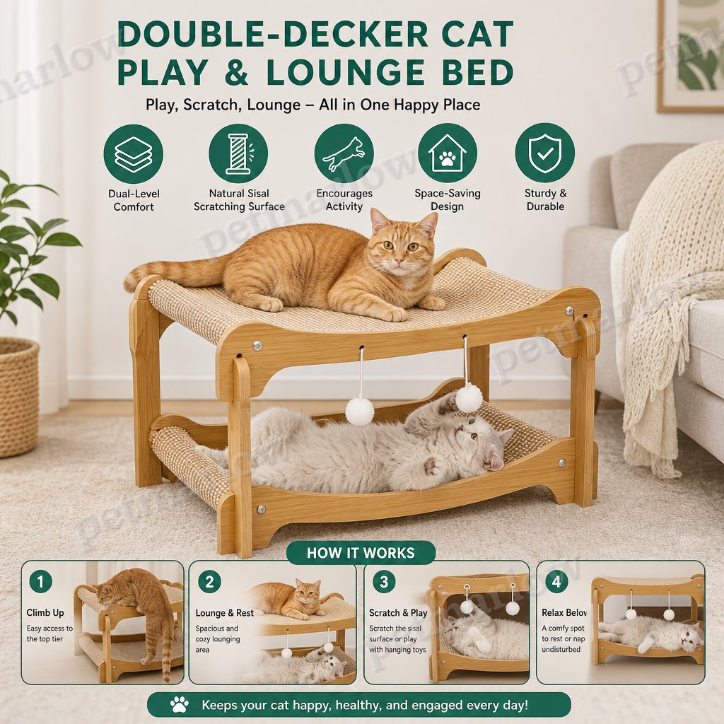Wooden Double-Decker Cat Play & Lounge Bed with Sisal Scratching Ramp and Hanging Toys – view 3