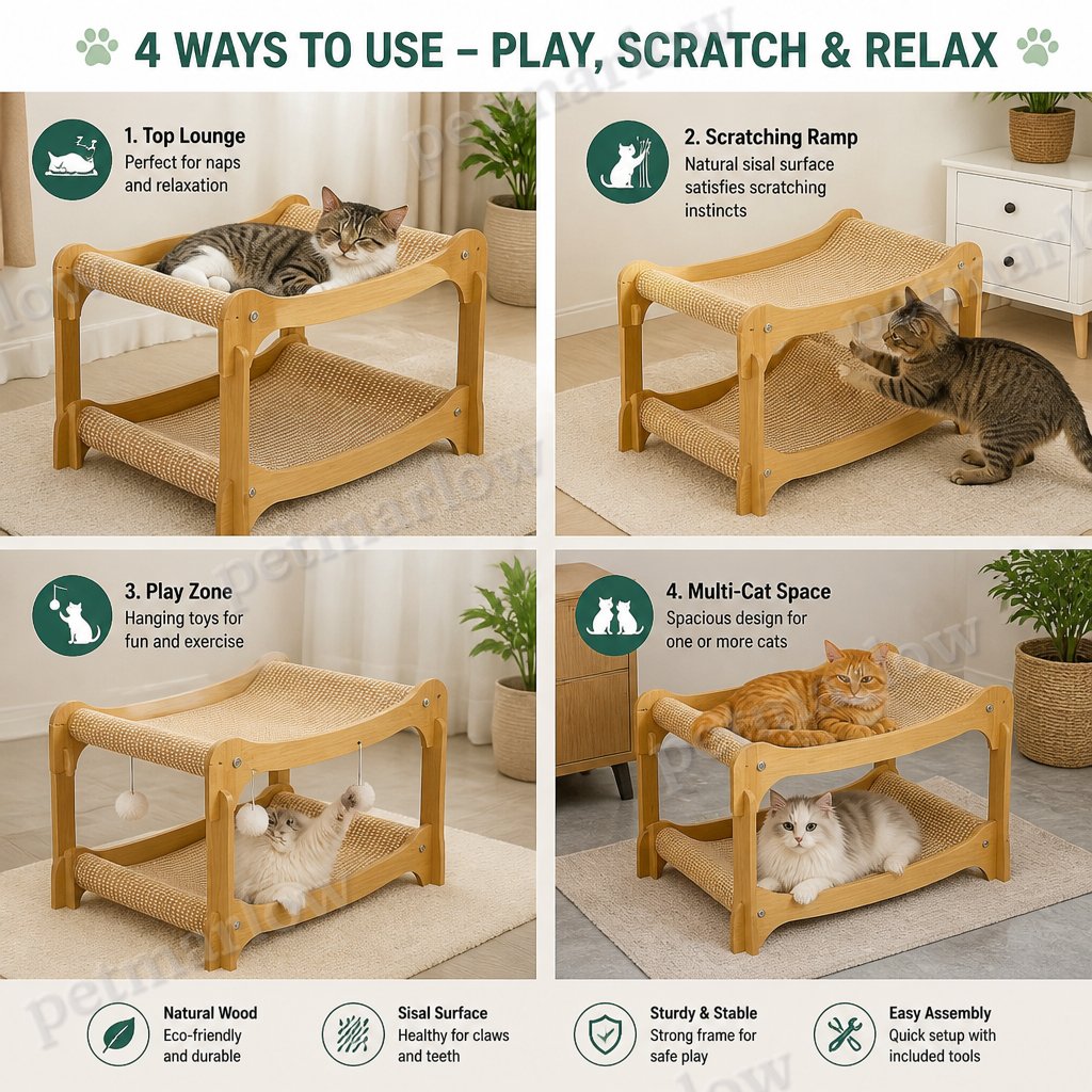 Wooden Double-Decker Cat Play & Lounge Bed with Sisal Scratching Ramp and Hanging Toys – view 4