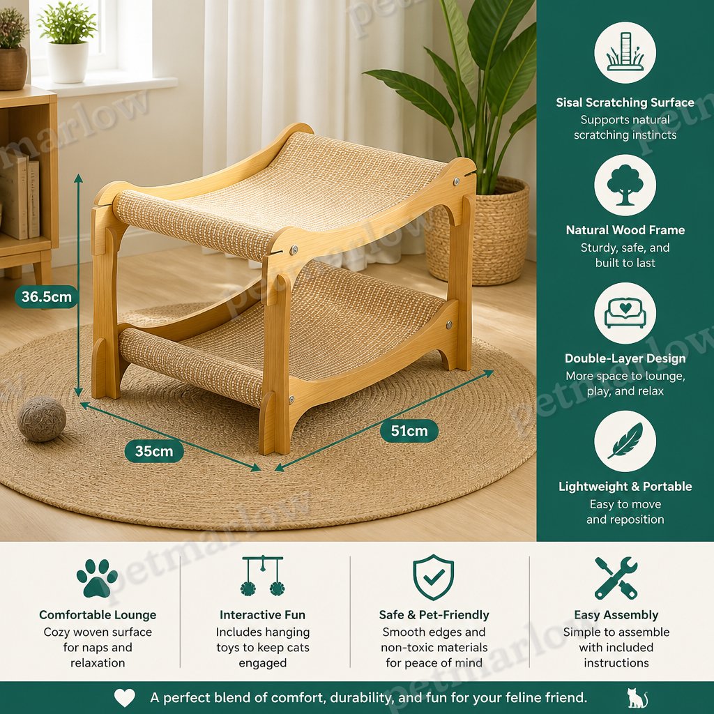 Wooden Double-Decker Cat Play & Lounge Bed with Sisal Scratching Ramp and Hanging Toys – view 5