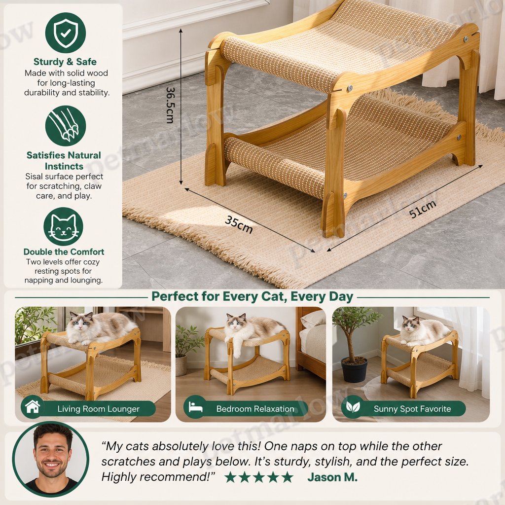 Wooden Double-Decker Cat Play & Lounge Bed with Sisal Scratching Ramp and Hanging Toys – view 6