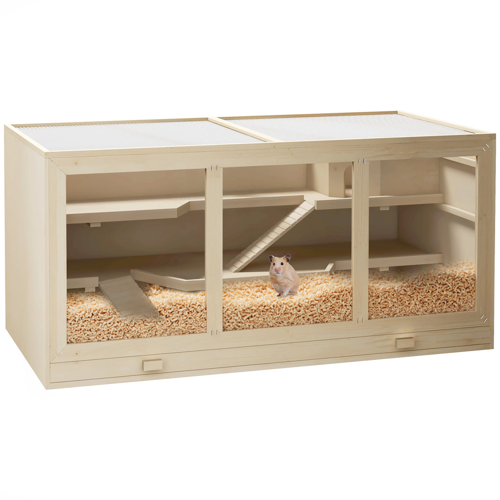 Wooden Hamster Cage with Multi-Level Design and Opening Roof – natural / 1215x185x608 mm