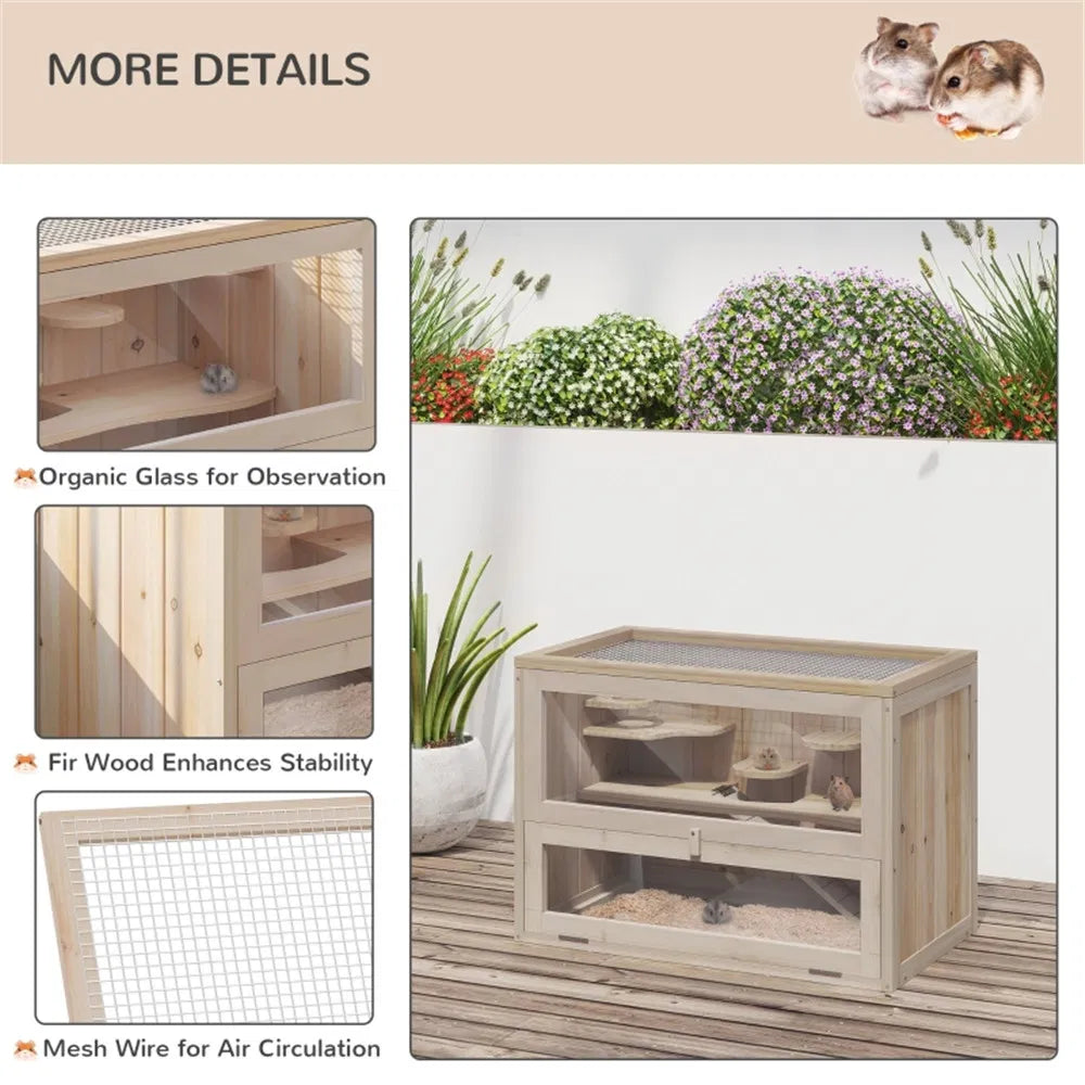 Wooden Hamster Cage with Multi-Level Platforms – as picture