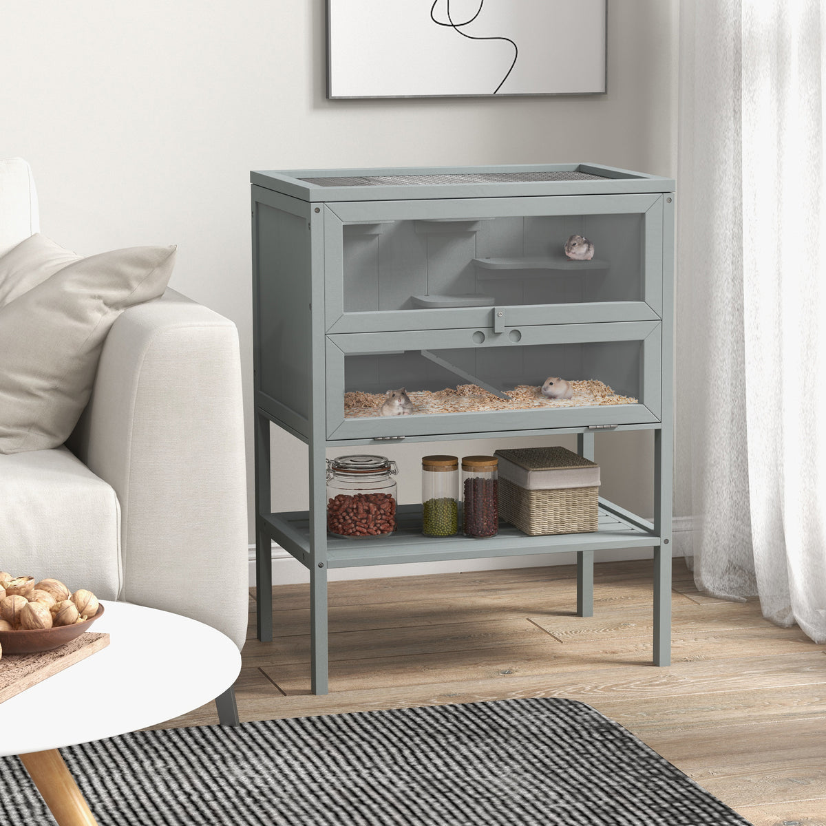 Wooden Hamster Cage with Openable Top and Storage Shelf
