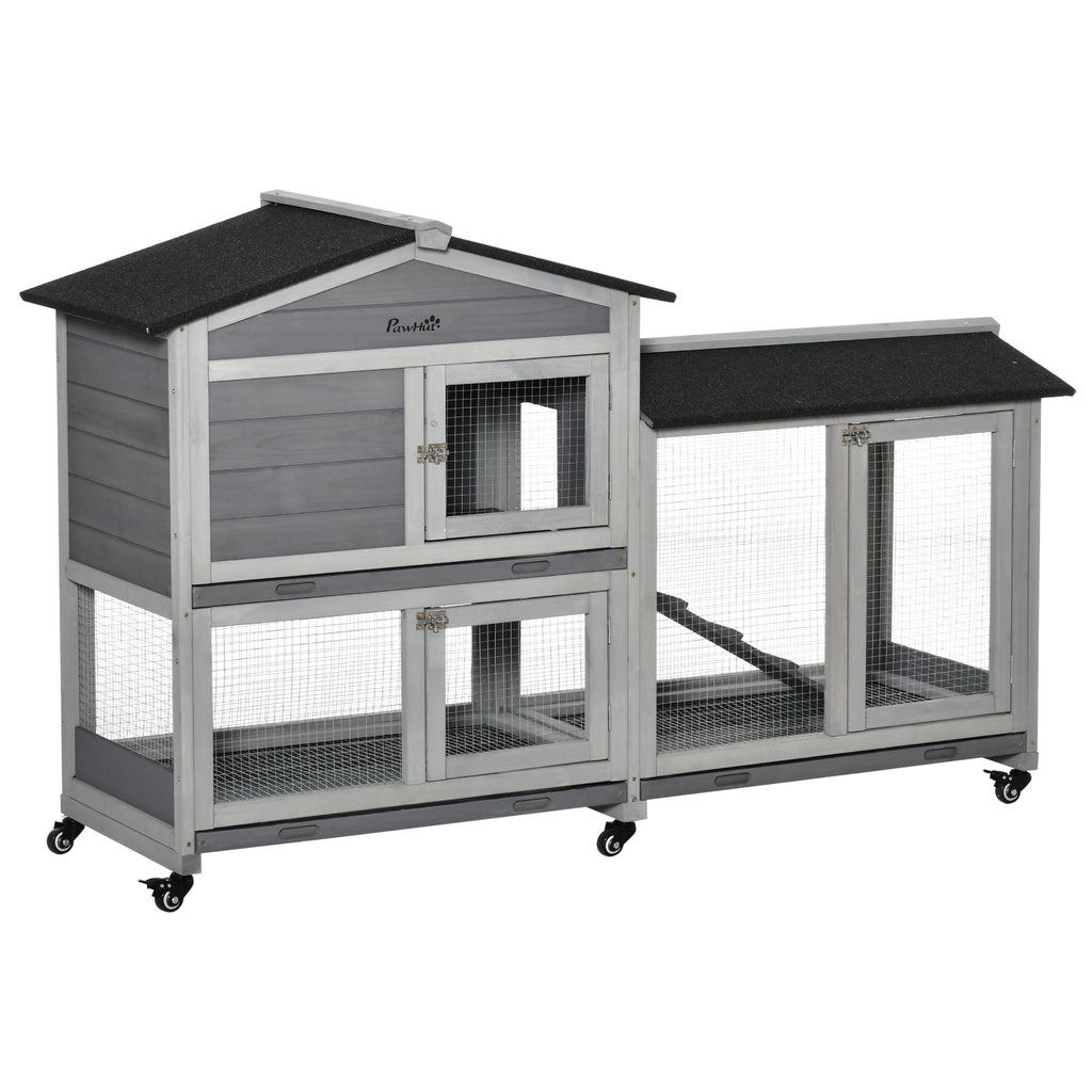 Wooden Mobile Rabbit Hutch with Wheels and Ramp – Light Grey / 940x780x240 mm