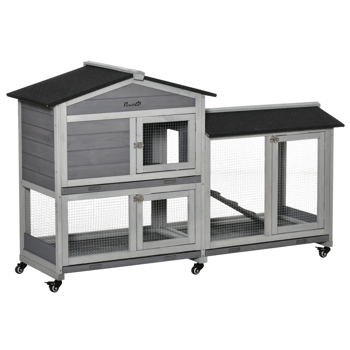 Wooden Mobile Rabbit Hutch with Wheels and Ramp – Light Grey / 940x780x240 mm