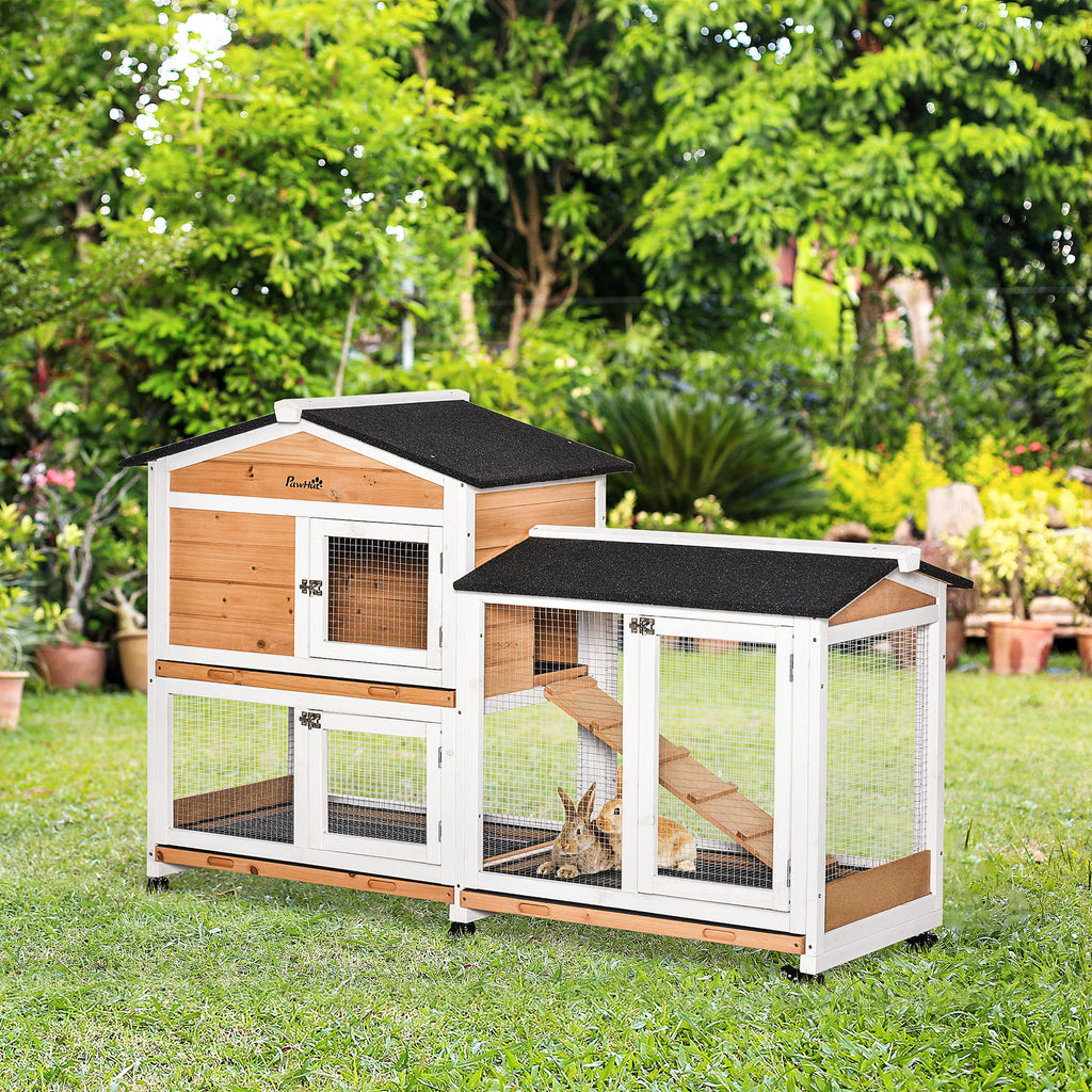 Wooden Mobile Rabbit Hutch with Wheels and Slide-out Tray