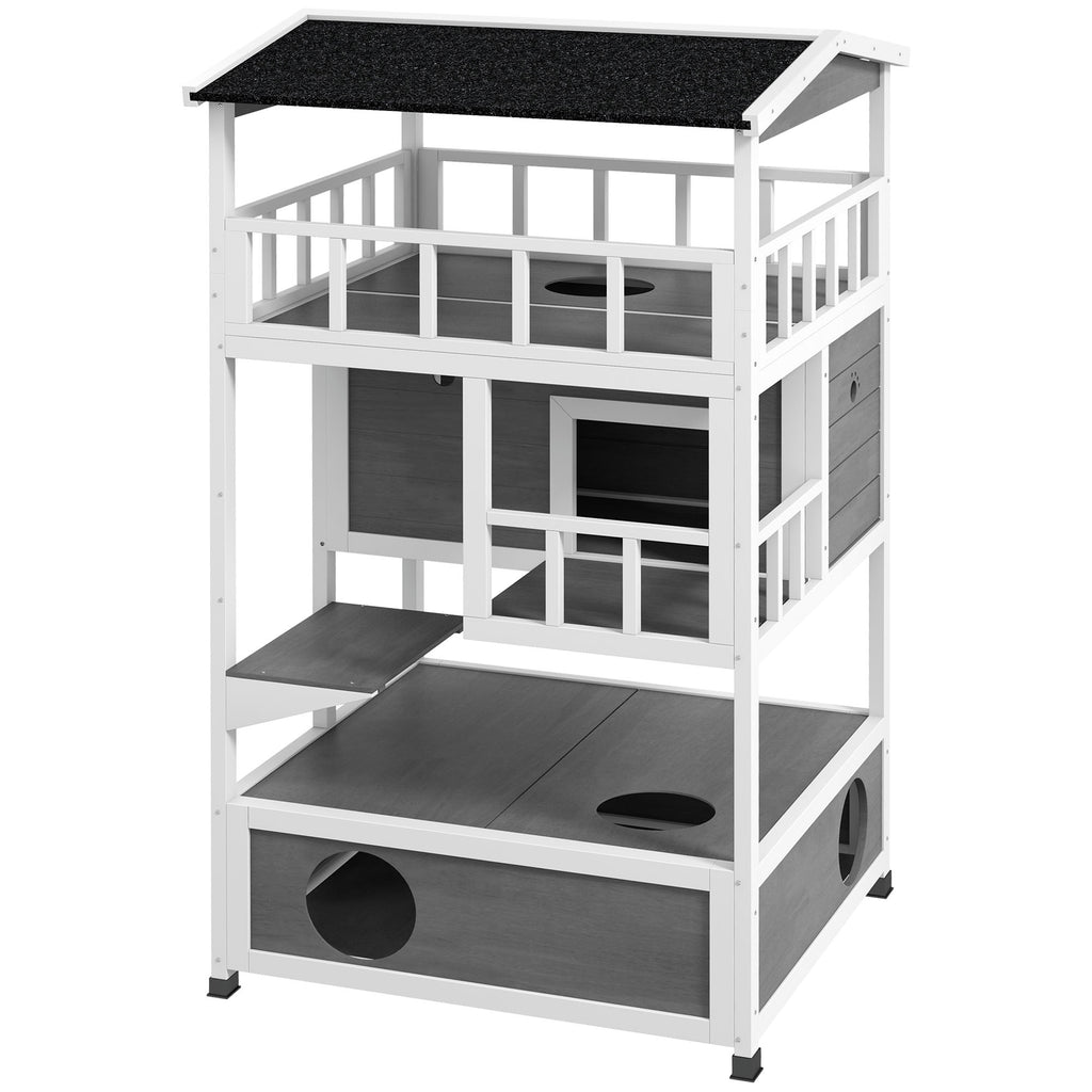Wooden Outdoor Cat House with Asphalt Roof – Light Gray / 1095x725x215 mm